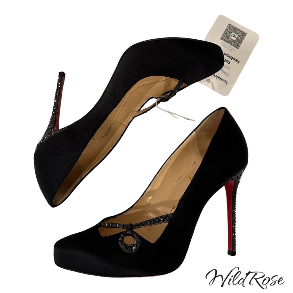 CHRISTIAN LOUBOUTIN Black Satin Rhinestone Embellished Heels SZ 38 - Picture 13 of 15